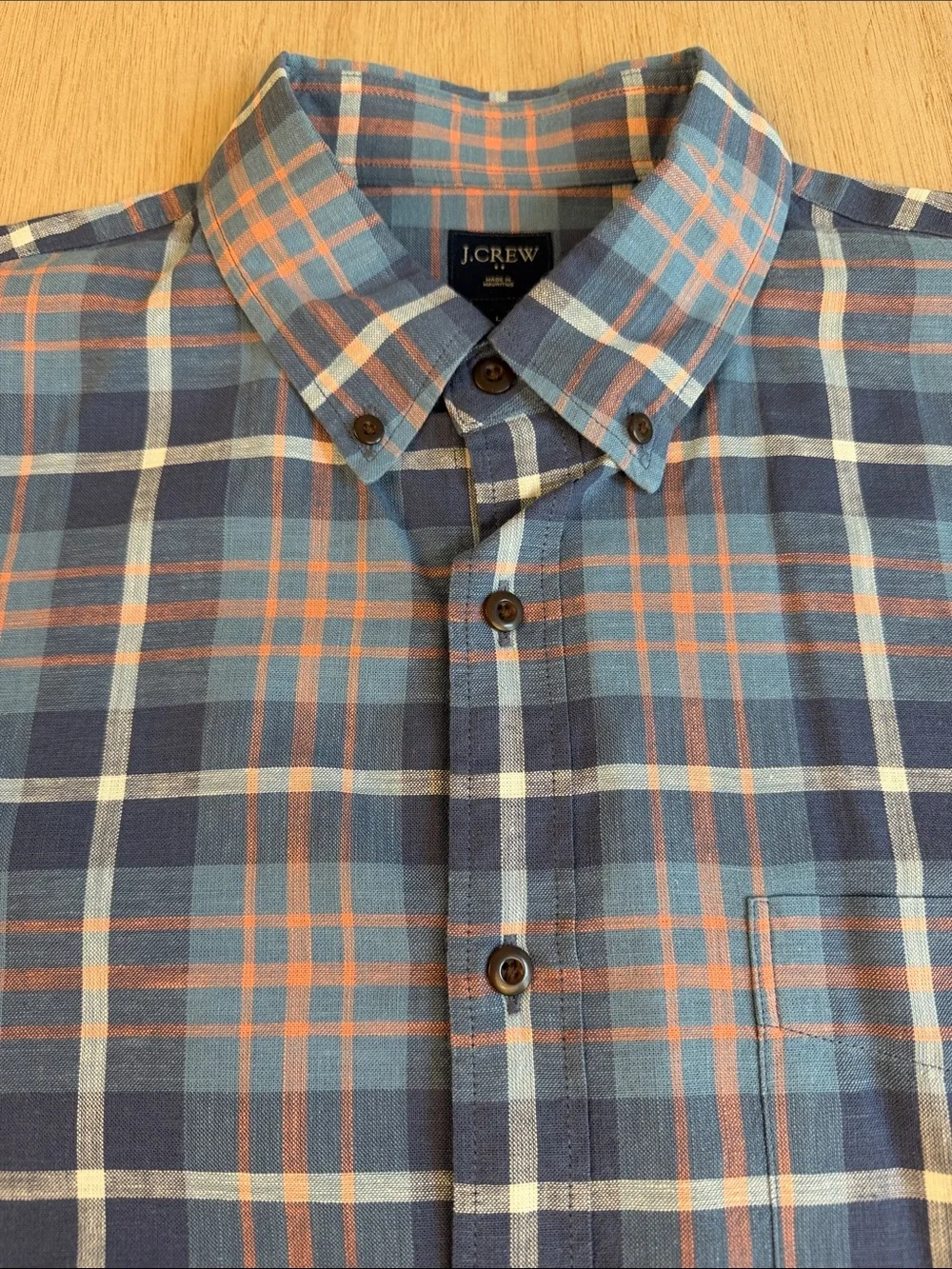J.Crew Men’s Large 100% Cotton Plaid Button-Down Shirt Blue Orange Long Sleeve
